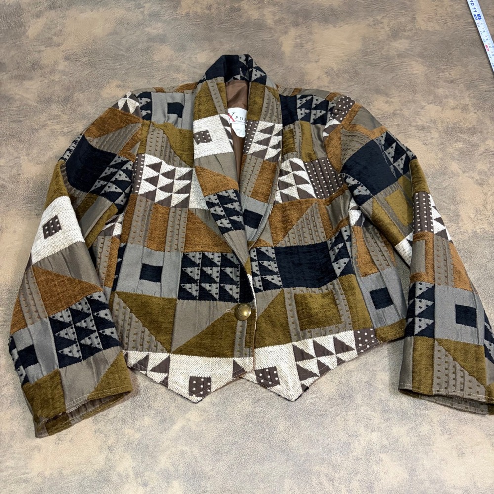 Expose Chenille Jacket Womens Large Brown Geometric Patchwork Vintage USA Made